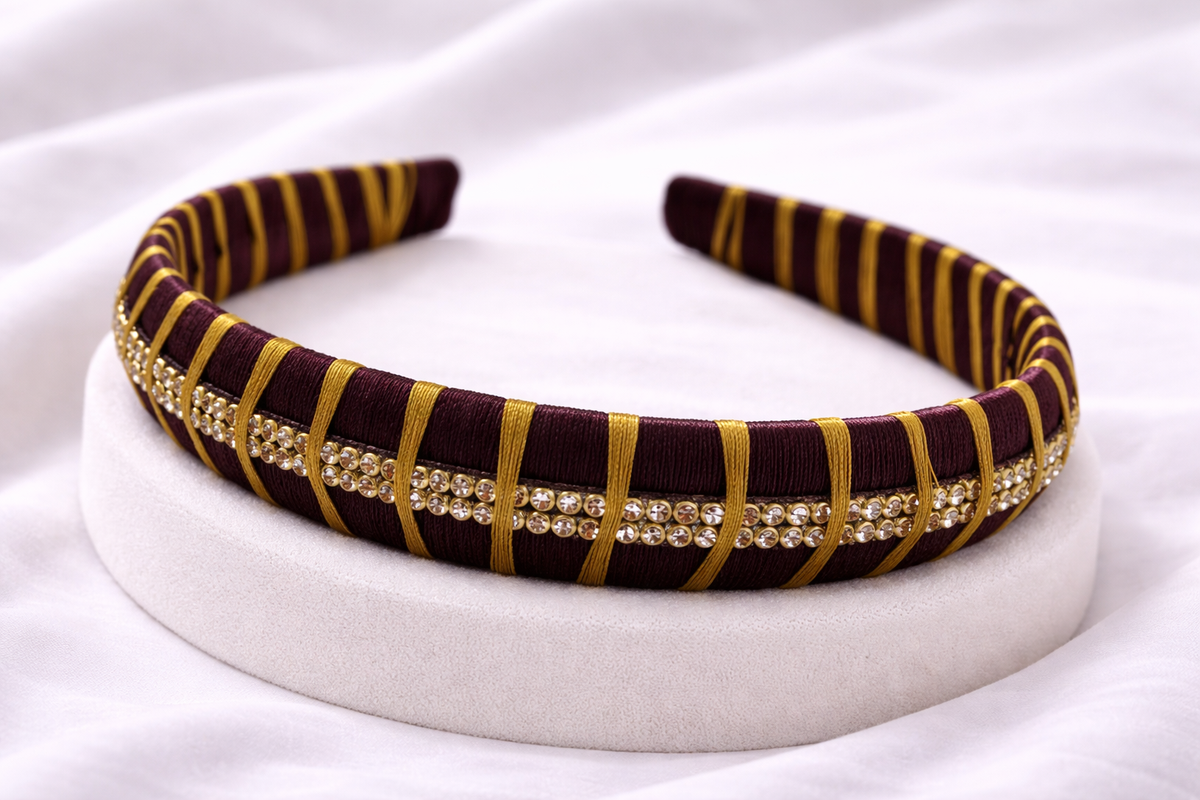 brown silk thread headband with stones and beads traditional hair accessory for girls