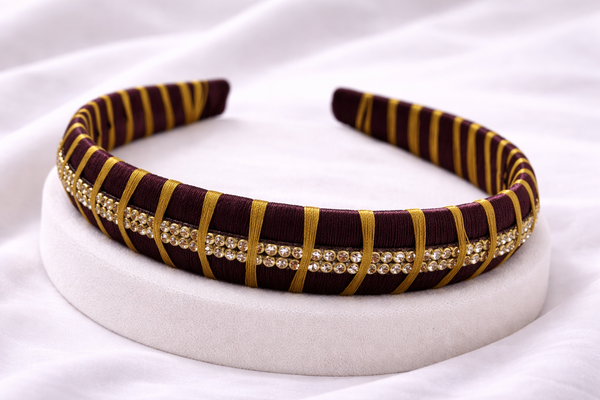 brown silk thread headband with stones and beads traditional hair accessory for girls