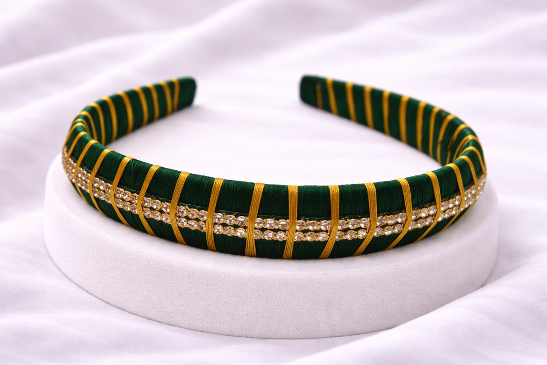 dark green silk thread headband with two line stone work traditional hair accessory for girls