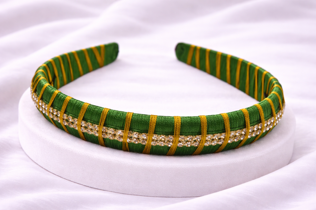 green silk thread headband with two line stone work traditional hair accessory for girls