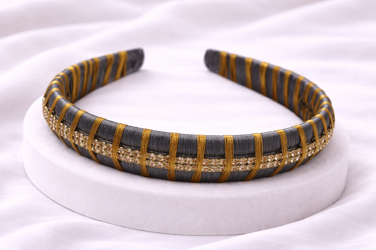 grey silk thread headband with stones and beads traditional hair accessory for girls