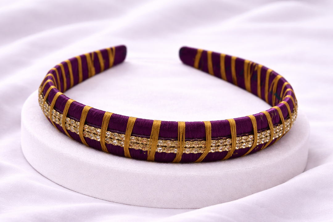 magenta silk thread headband with two line stone work traditional hair accessory for girls