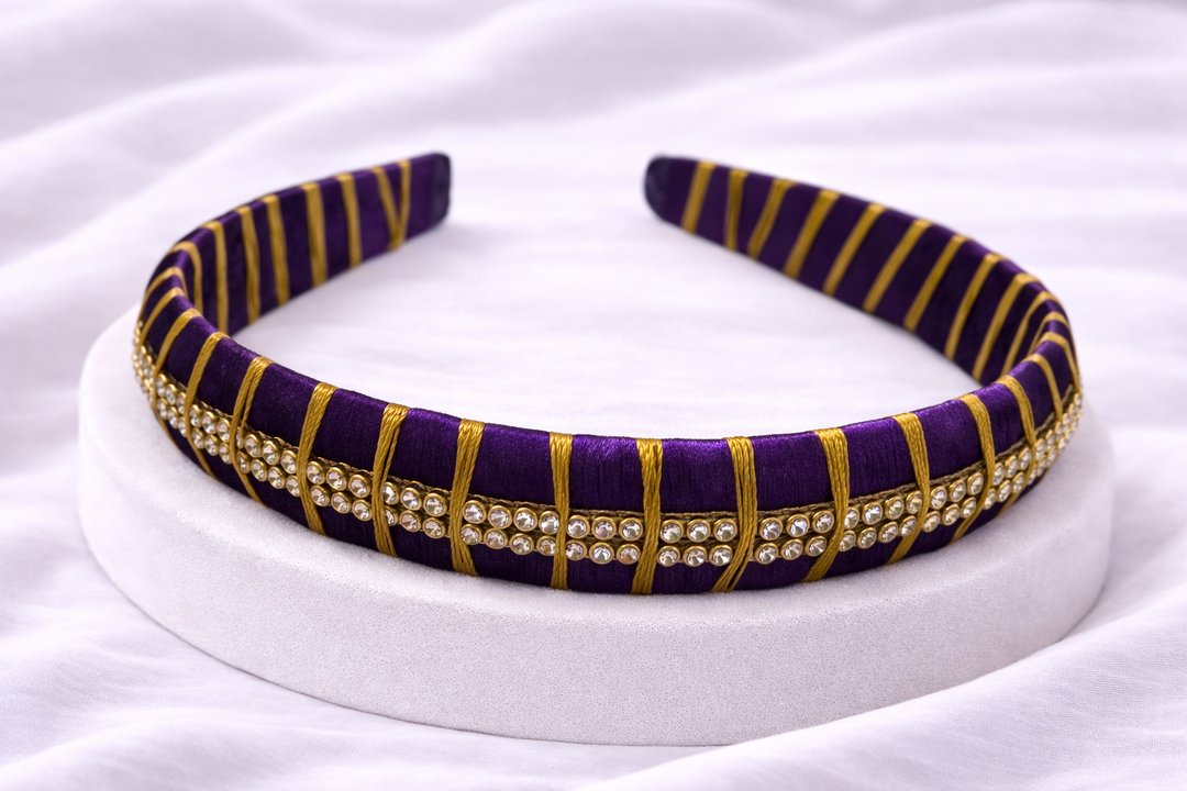violet silk thread headband with two line stone work traditional hair accessory for girls