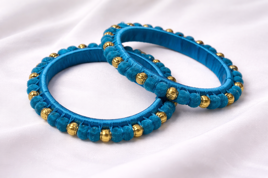 peacock blue silk thread pom pom bangle handmade traditional ethnic jewelry