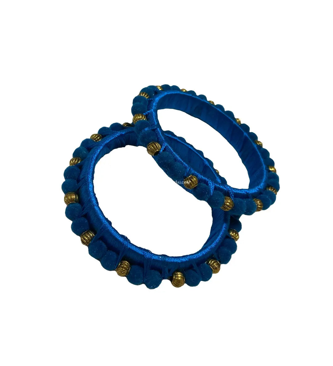 Silk Thread Pom Pom Bangle Peacock Blue - Pattupavadai.com