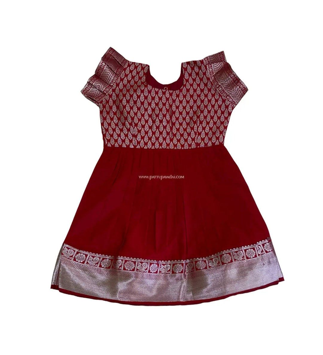 Silver and Red Silk Frock - Pattupavadai.com