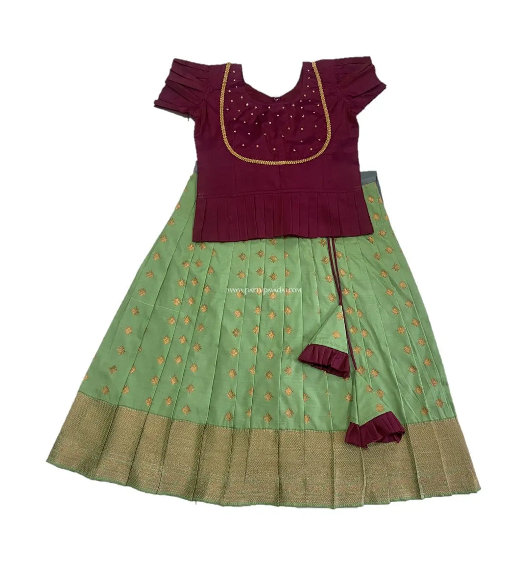 Soft Silk Pavadai Pista Green and Maroon - Pattupavadai.com