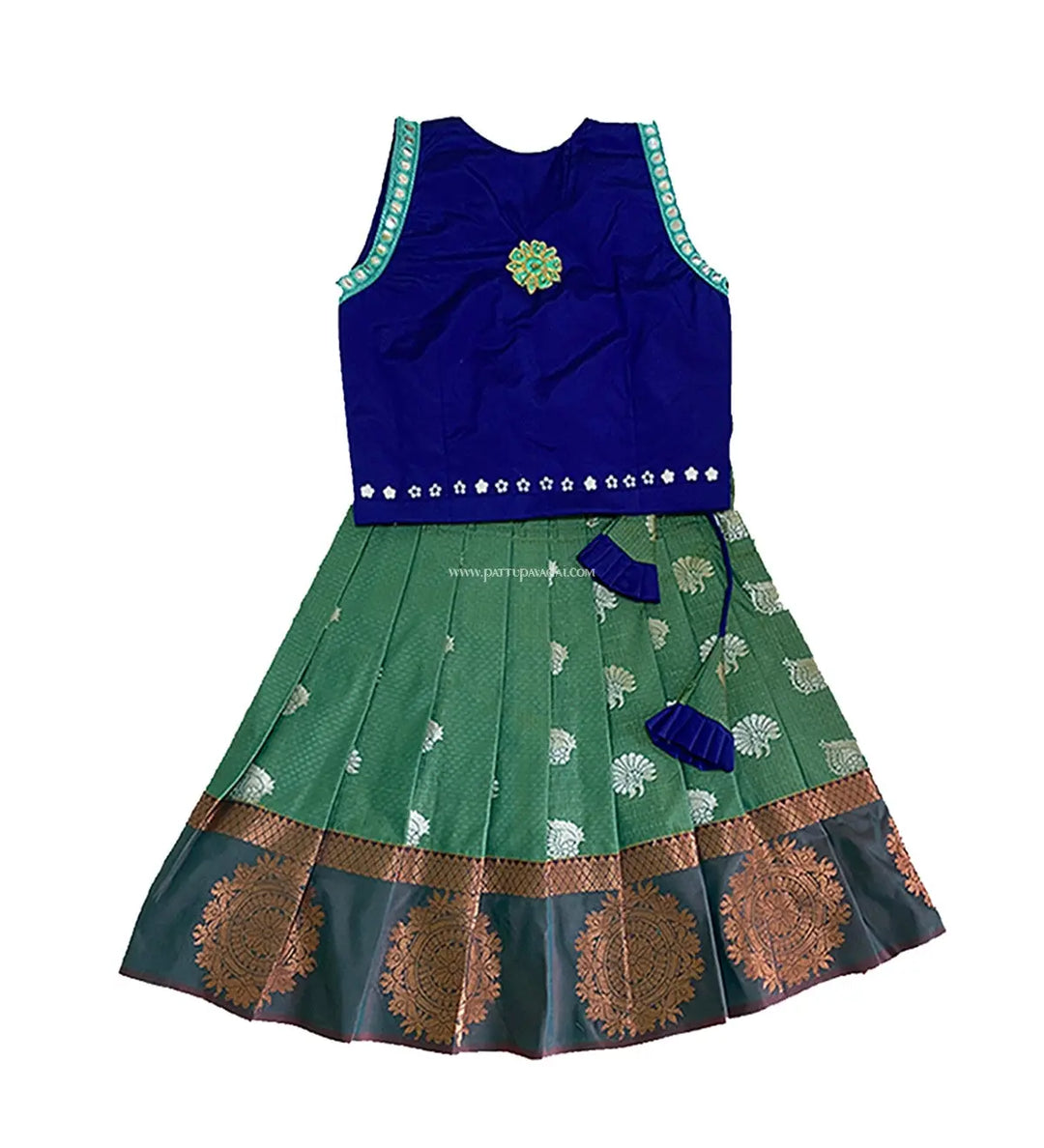 Soft Silk Pavadai Pista Green and Navy Blue - Pattupavadai.com