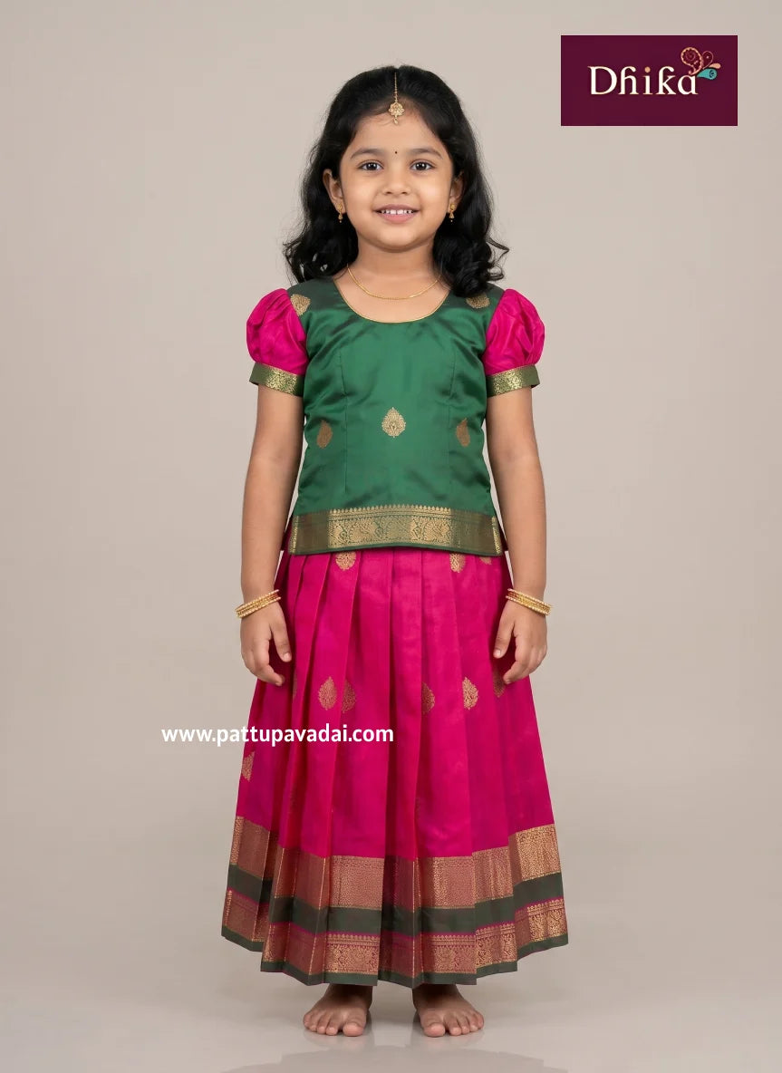 soft silk pink and green pure silk pattu pavadai for girls traditional dress