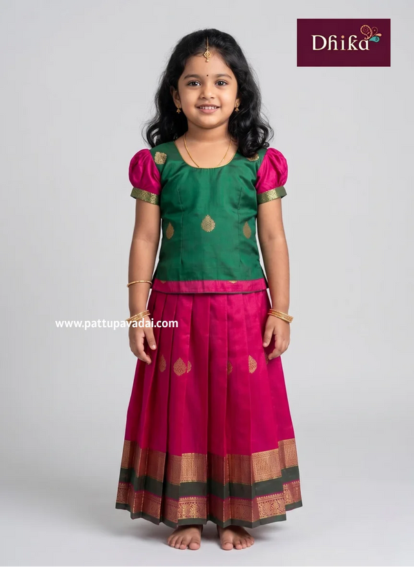 soft silk pink and green pure silk pattu pavadai for girls traditional dress