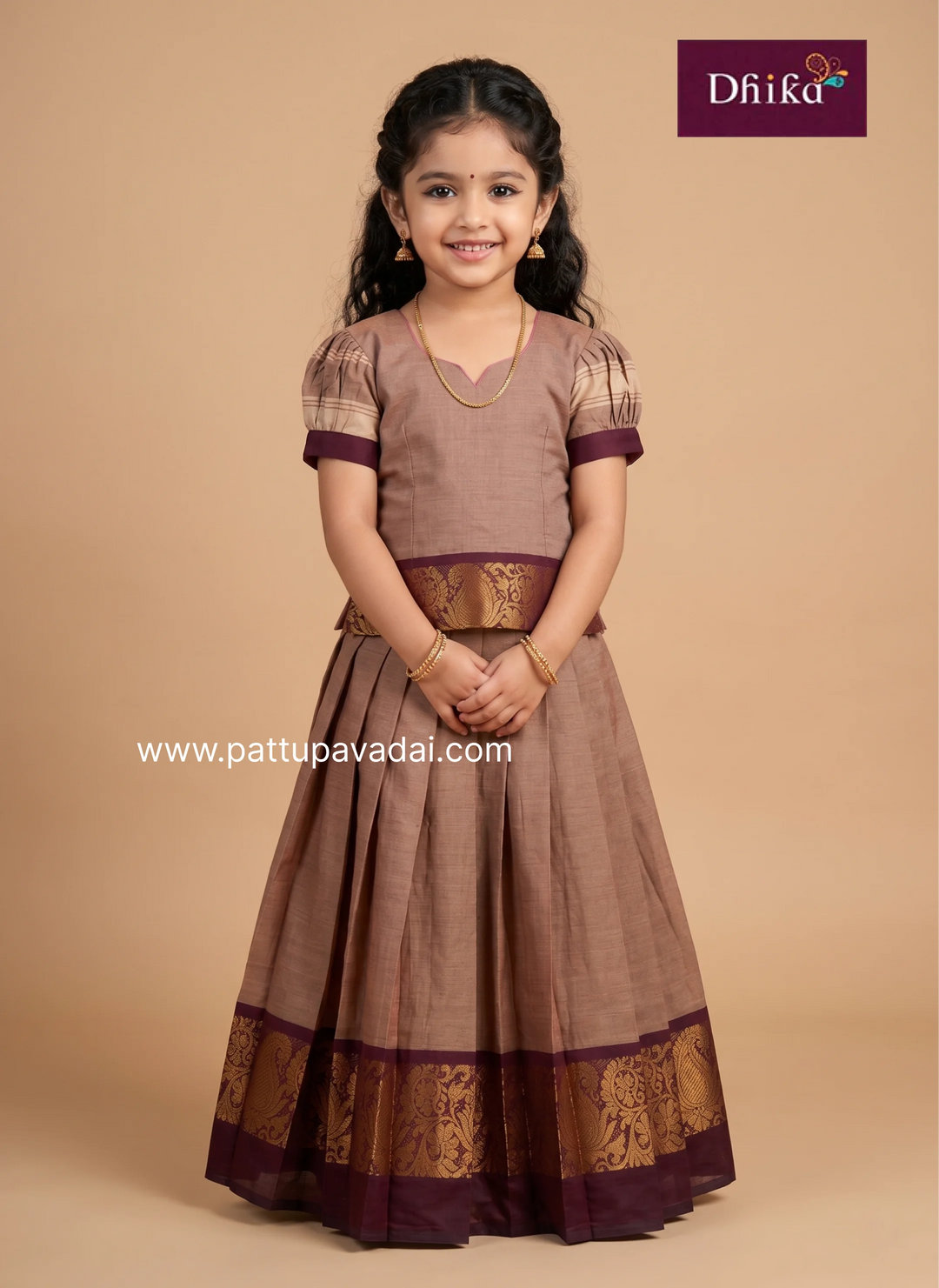 taupe brown chettinad cotton pattu pavadai for girls
