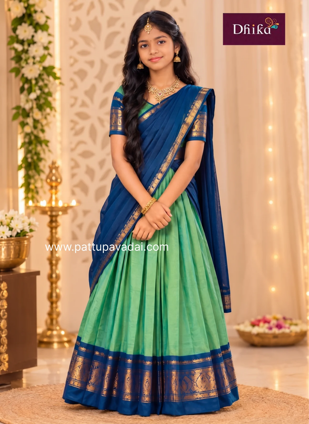 teal blue chettinad cotton half saree for girls