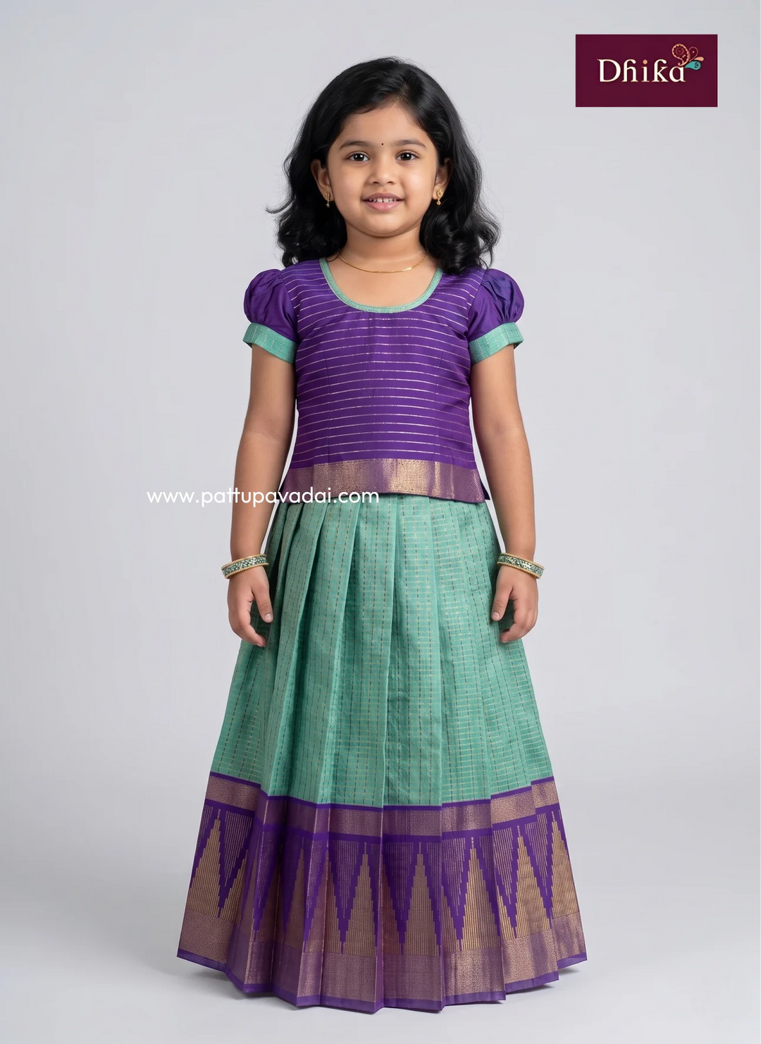 teal green and violet silk cotton pavadai for girls