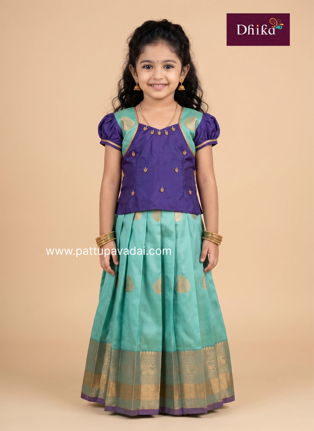 teal green and violet soft silk pattu pavadai for girls