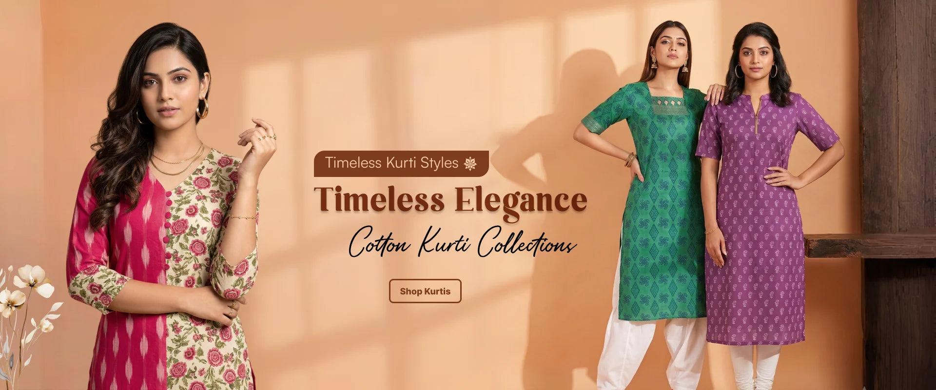 Three women modeling elegant printed cotton kurtis in pink, green, and purple from the Timeless Elegance collection.