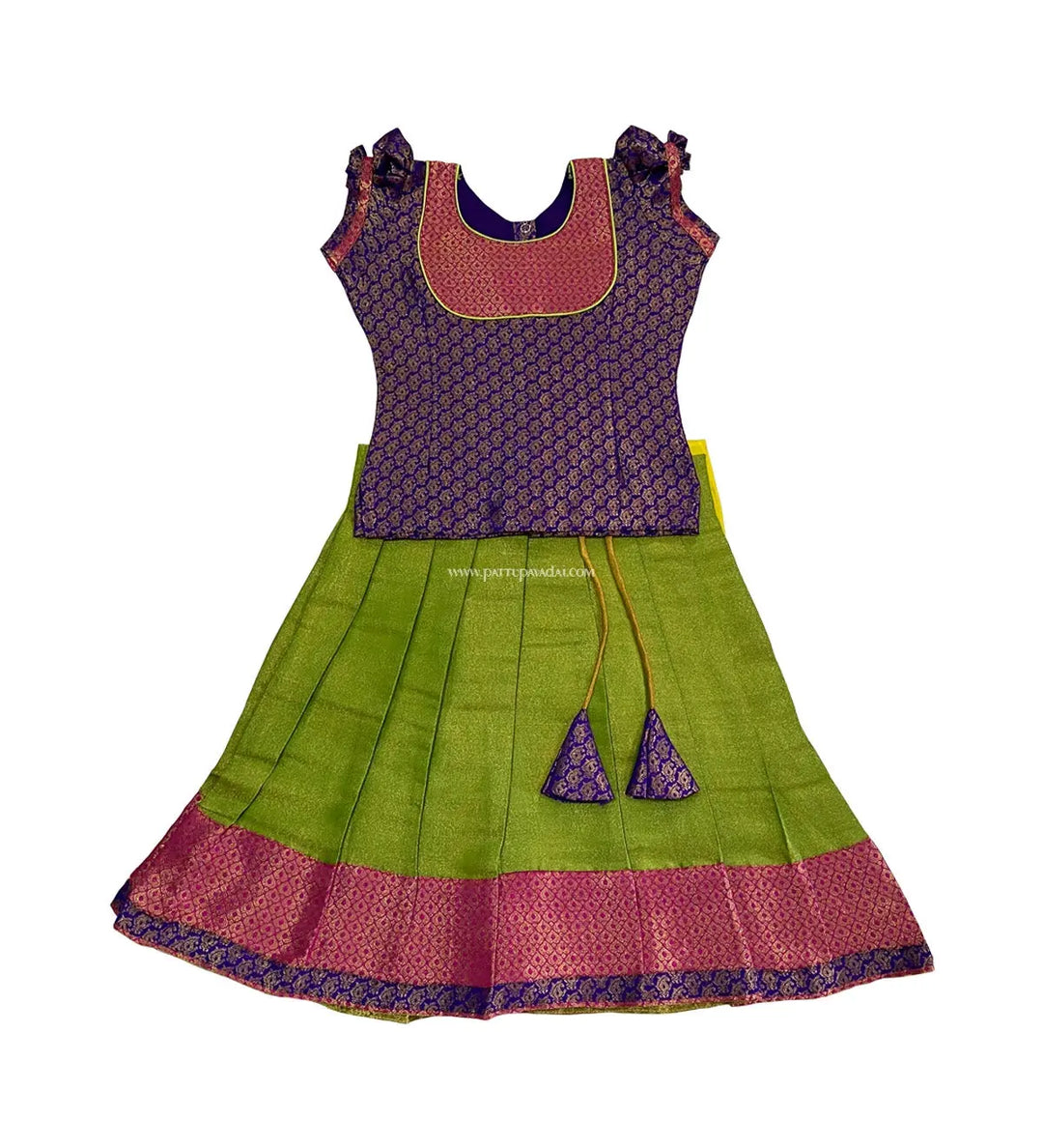 Tissue Silk Parrot Green Skirt and Violet Top - Pattupavadai.com