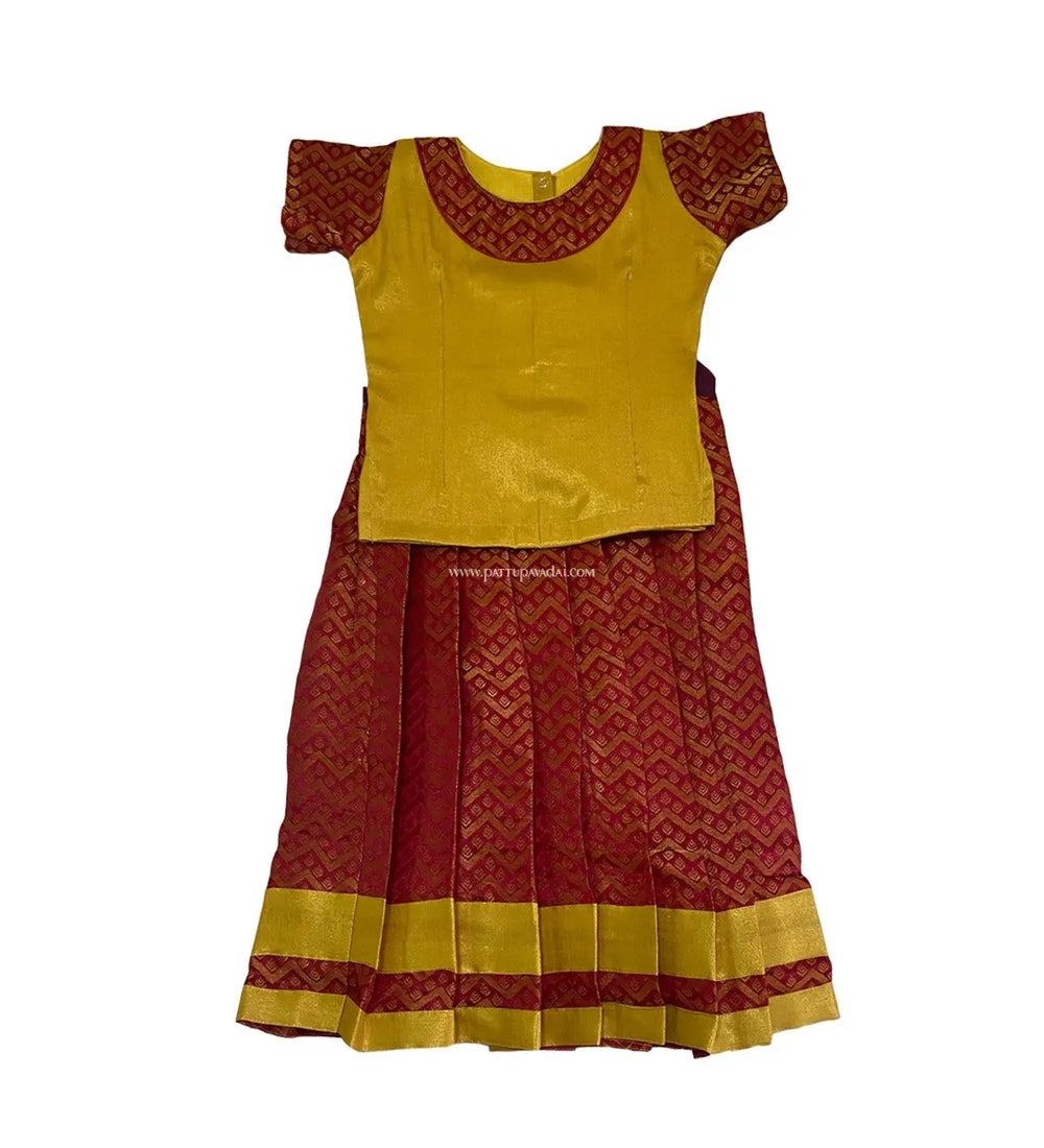 Traditional Brocade Pavadai Golden And Maroon - Pattupavadai.com