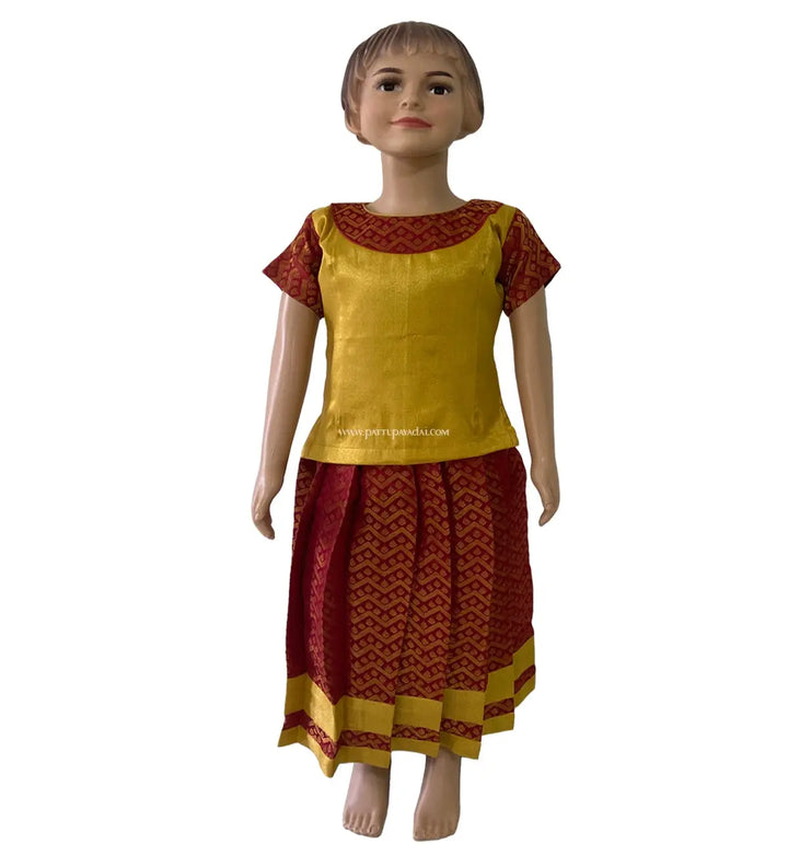 Traditional Brocade Pavadai Golden And Maroon - Pattupavadai.com