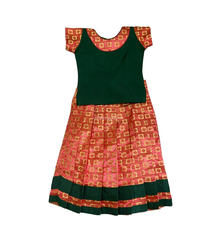 Traditional Brocade Pavadai Green And Orange - Pattupavadai.com