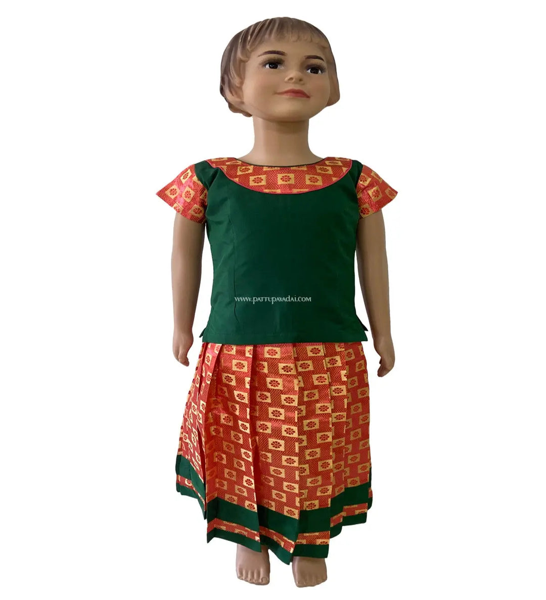 Traditional Brocade Pavadai Green And Orange - Pattupavadai.com