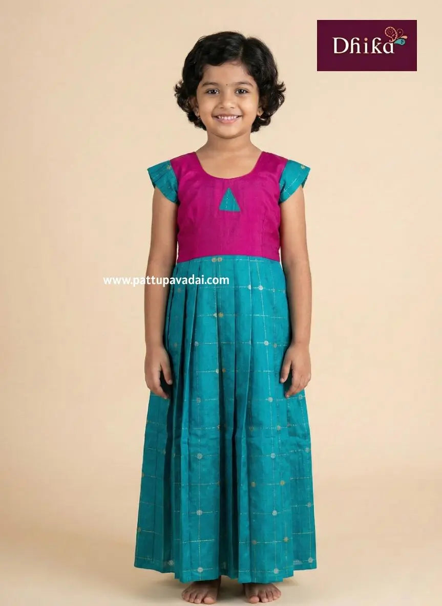 turquoise blue and pink raw silk long gown for girls