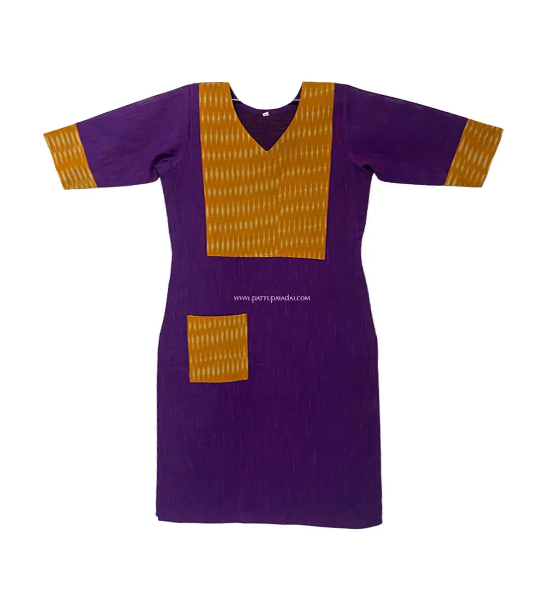 Violet and Yellow Ikkat Kurti - Pattupavadai.com