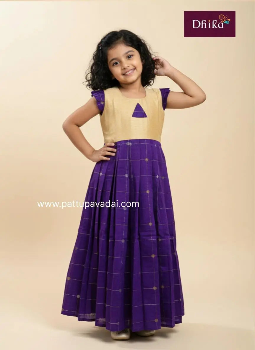 violet and cream raw silk long gown for girls traditional dress