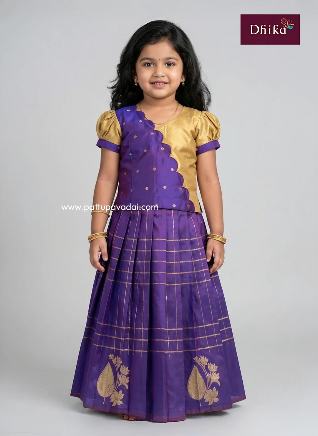 violet and golden semi Kanchi pattu pavadai for girls front view