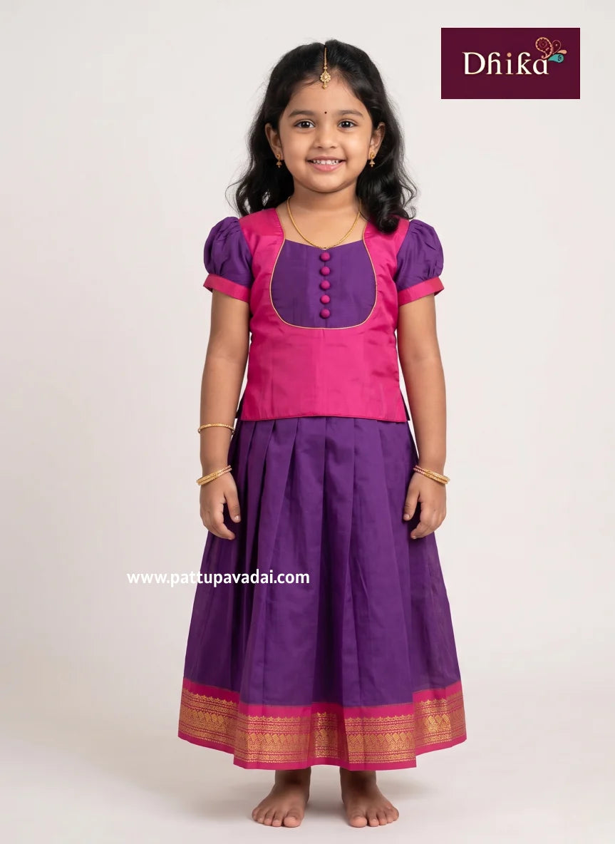 violet and pink cotton pattu pavadai for girls traditional dress