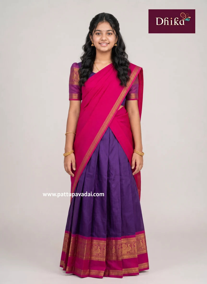 violet and pink kanchi cotton half saree traditional wear