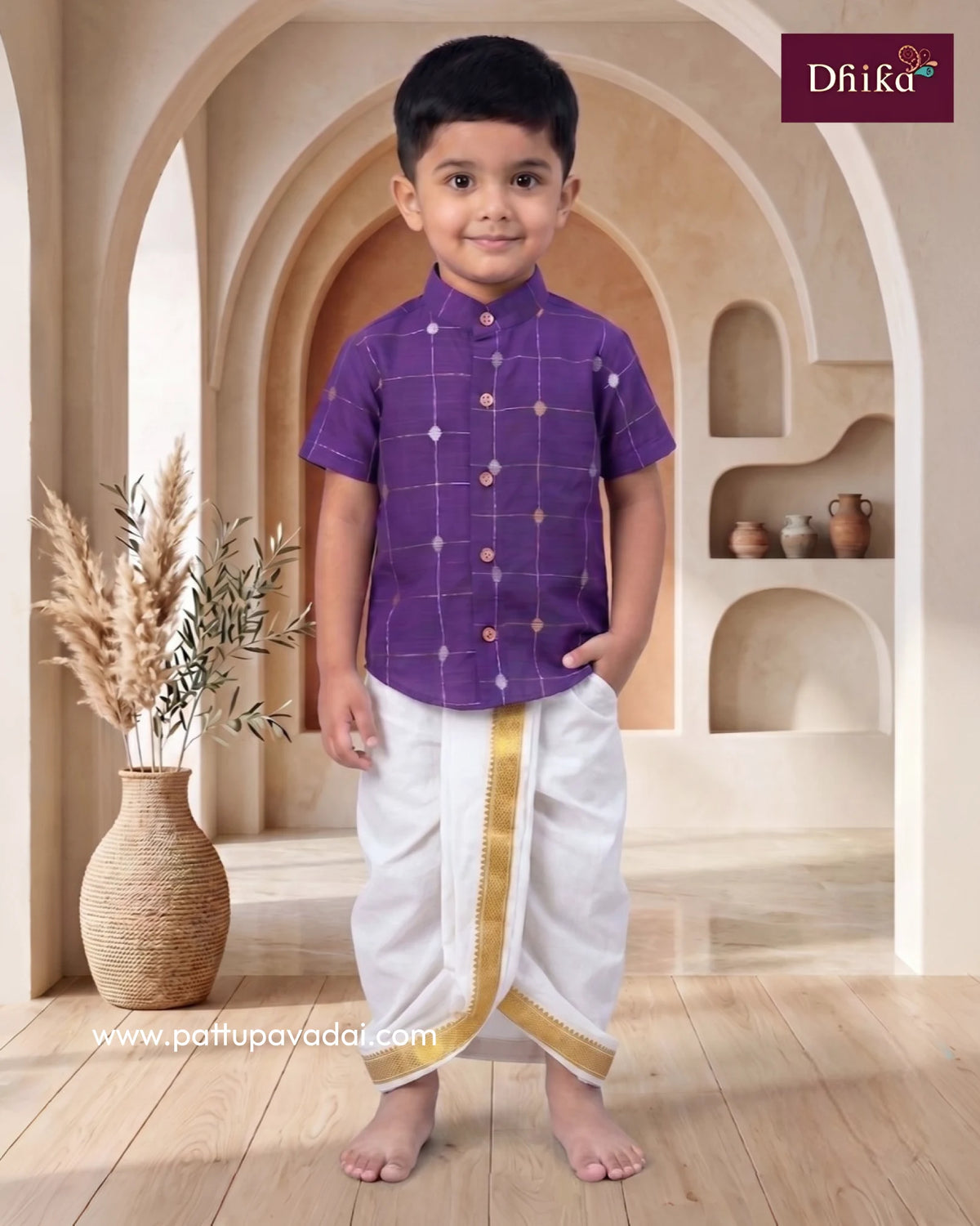 Boy wearing violet raw silk shirt for traditional occasion