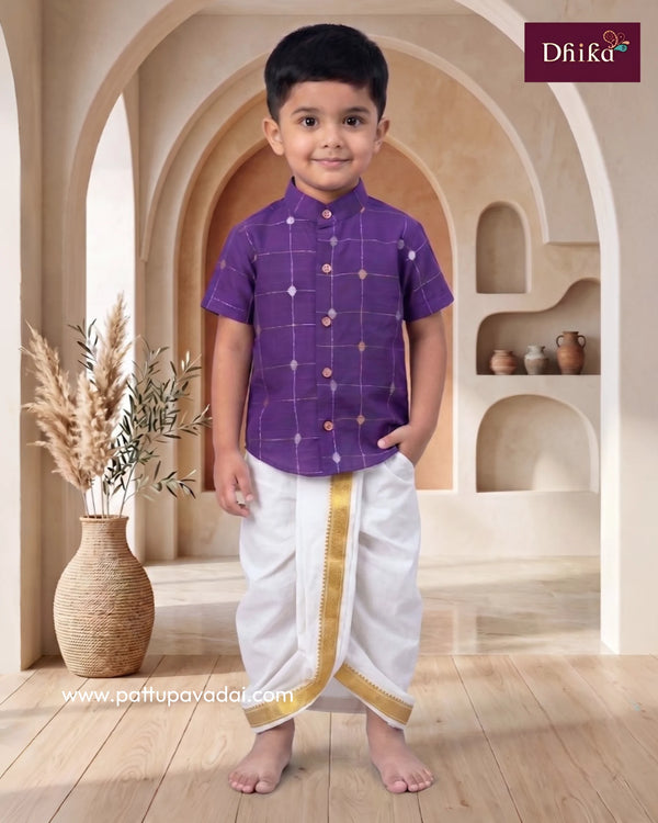 Boy wearing violet raw silk shirt for traditional occasion