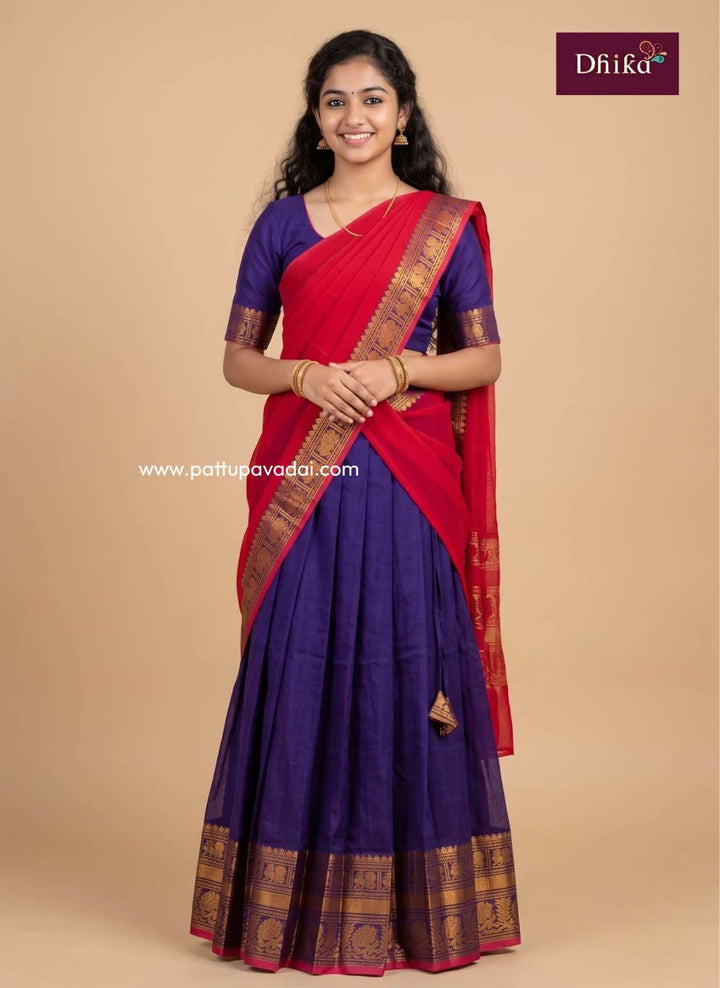 violet and red pure cotton half saree for girls