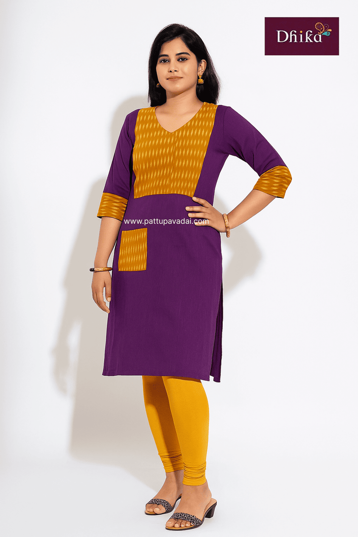 violet and yellow ikkat cotton kurti for kids soft comfortable traditional wear