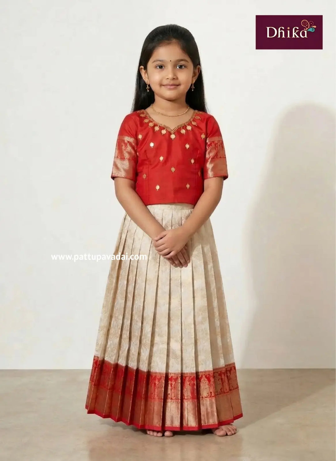 white and red pure silk pattu pavadai traditional dress for girls