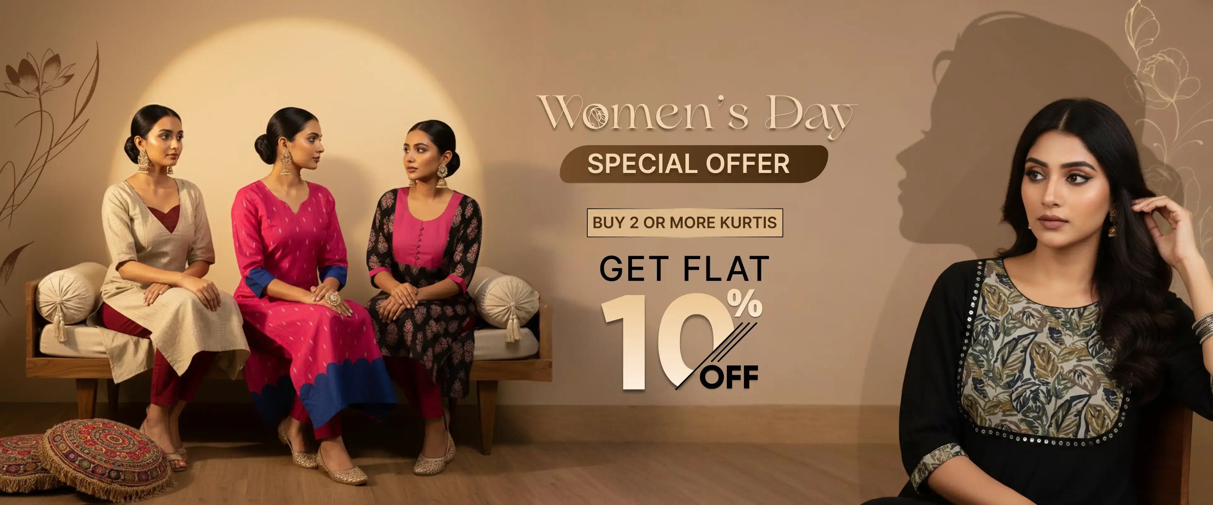 Advertisement for Women's Day special offer on kurtis with a woman in traditional attire.