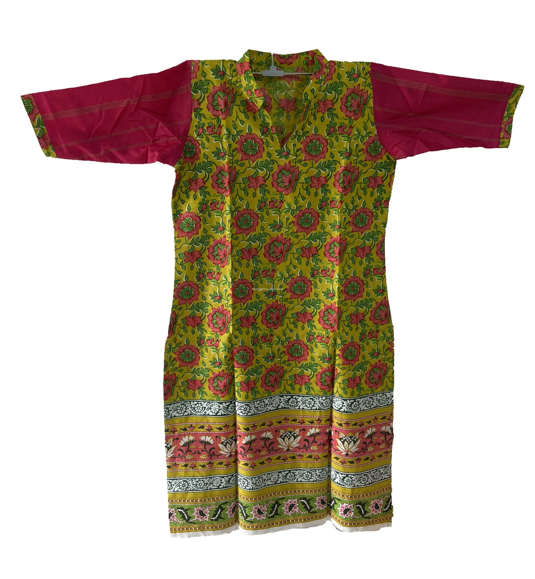 Yellow and Pink Cotton Kurti - Pattupavadai.com