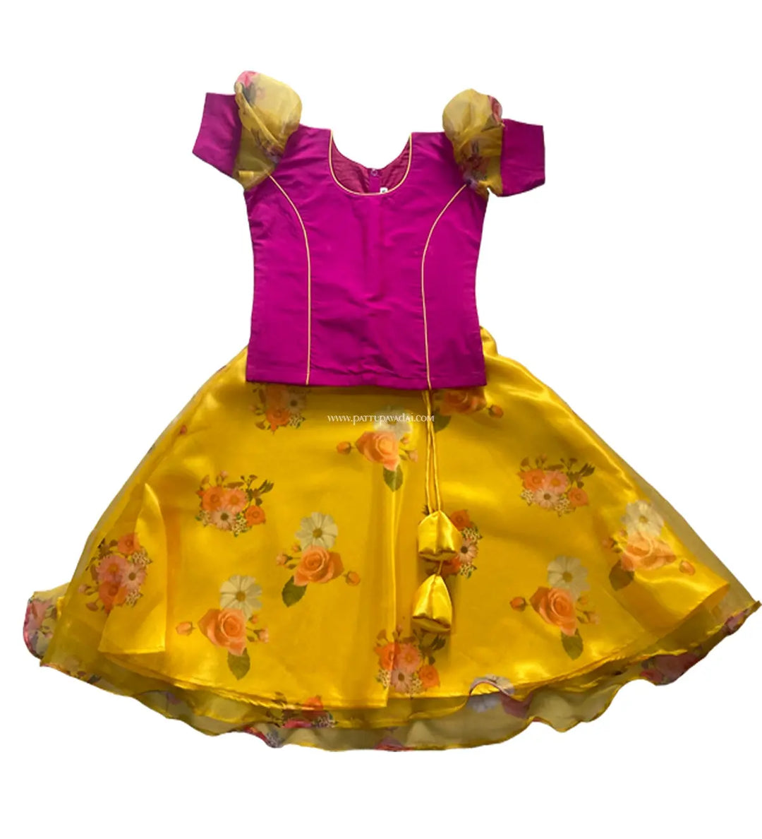 Yellow and Pink Organza Skirt - Pattupavadai.com