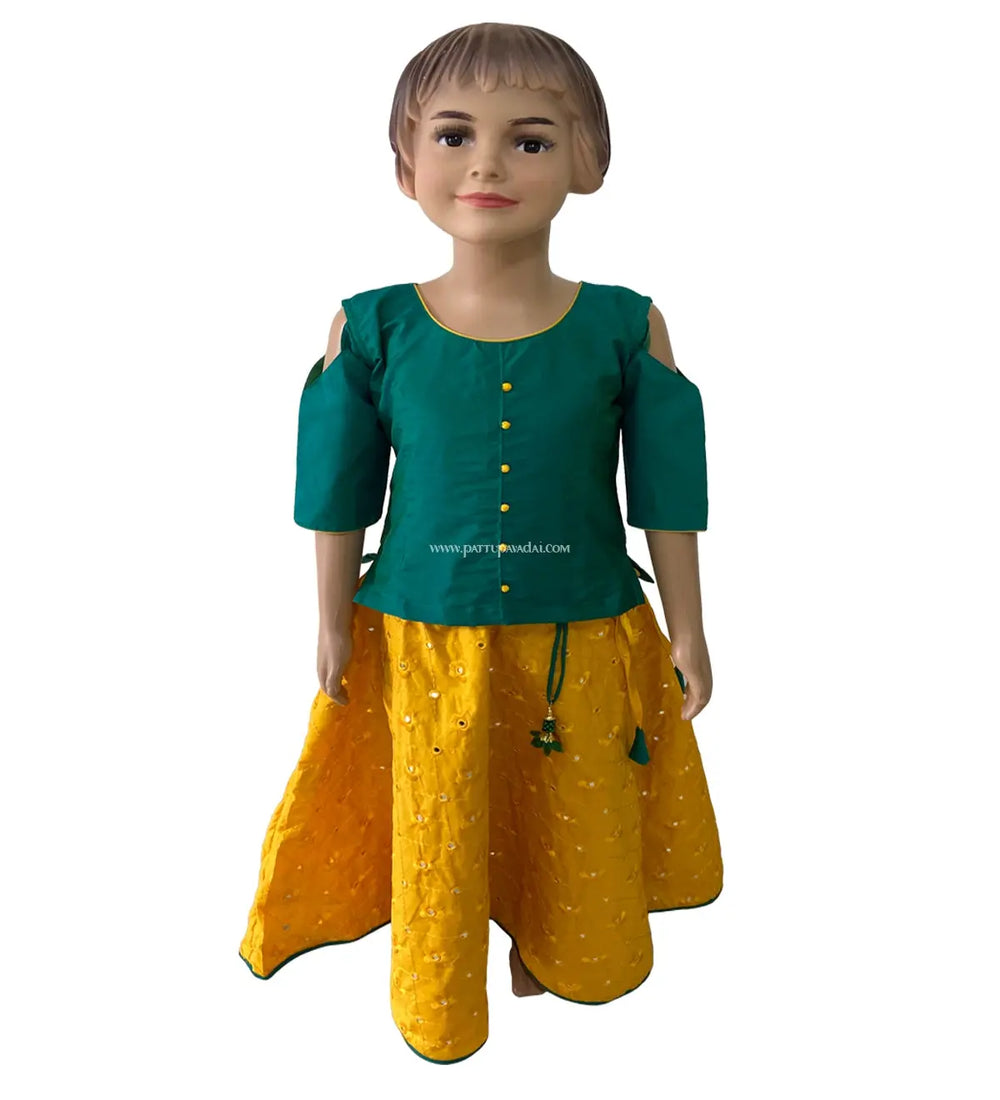 Yellow and Ramagreen Fancy Langa - Pattupavadai.com