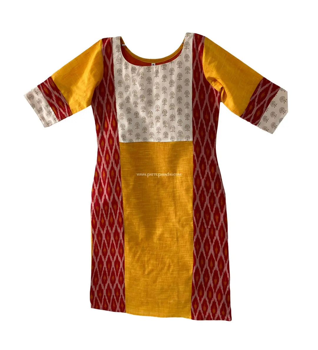 Yellow and Red Cotton Kurti - Pattupavadai.com