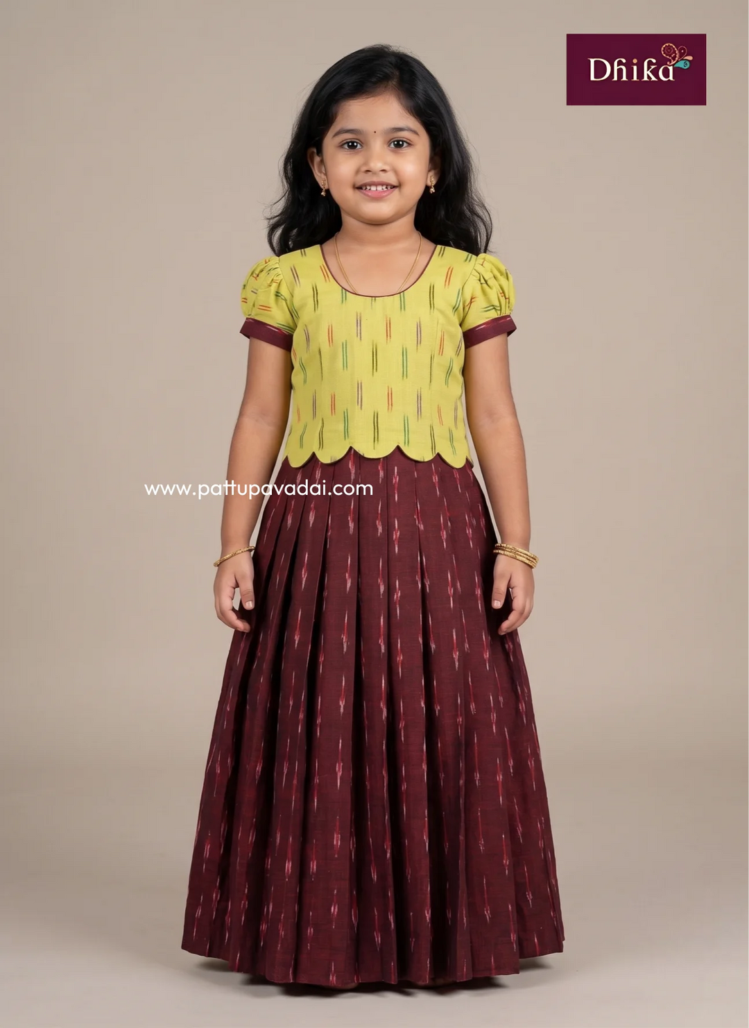 yellow and brown Ikkat cotton skirt and top set for girls front view