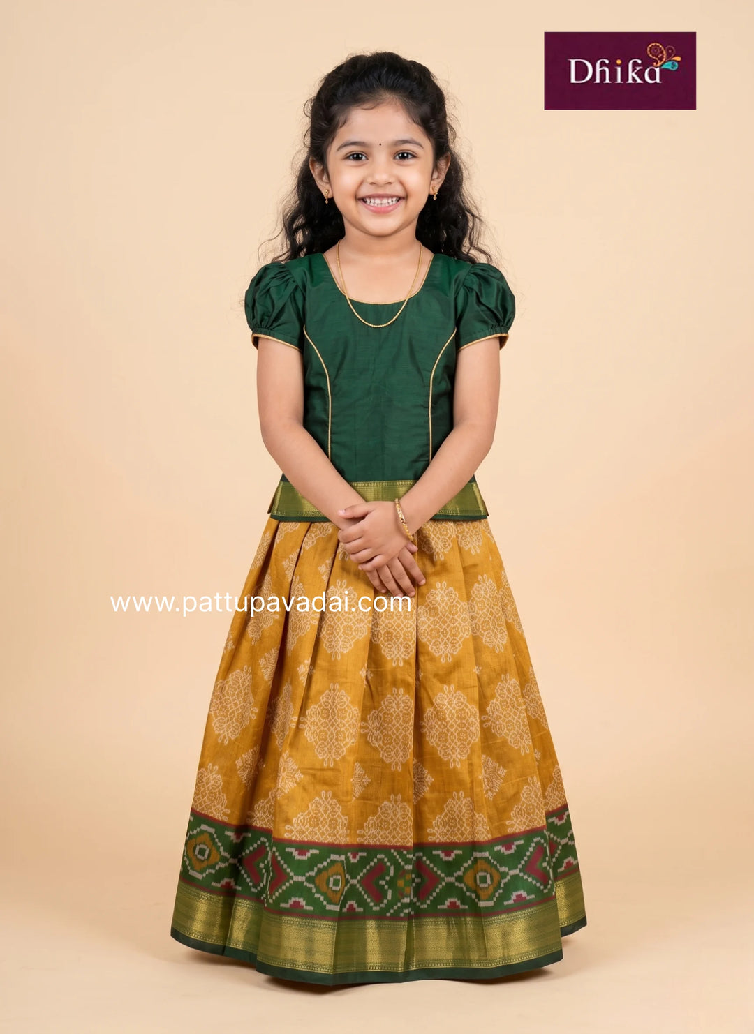Yellow and Green Pattu Pavadai for Girls Traditional Silk Ethnic Wear