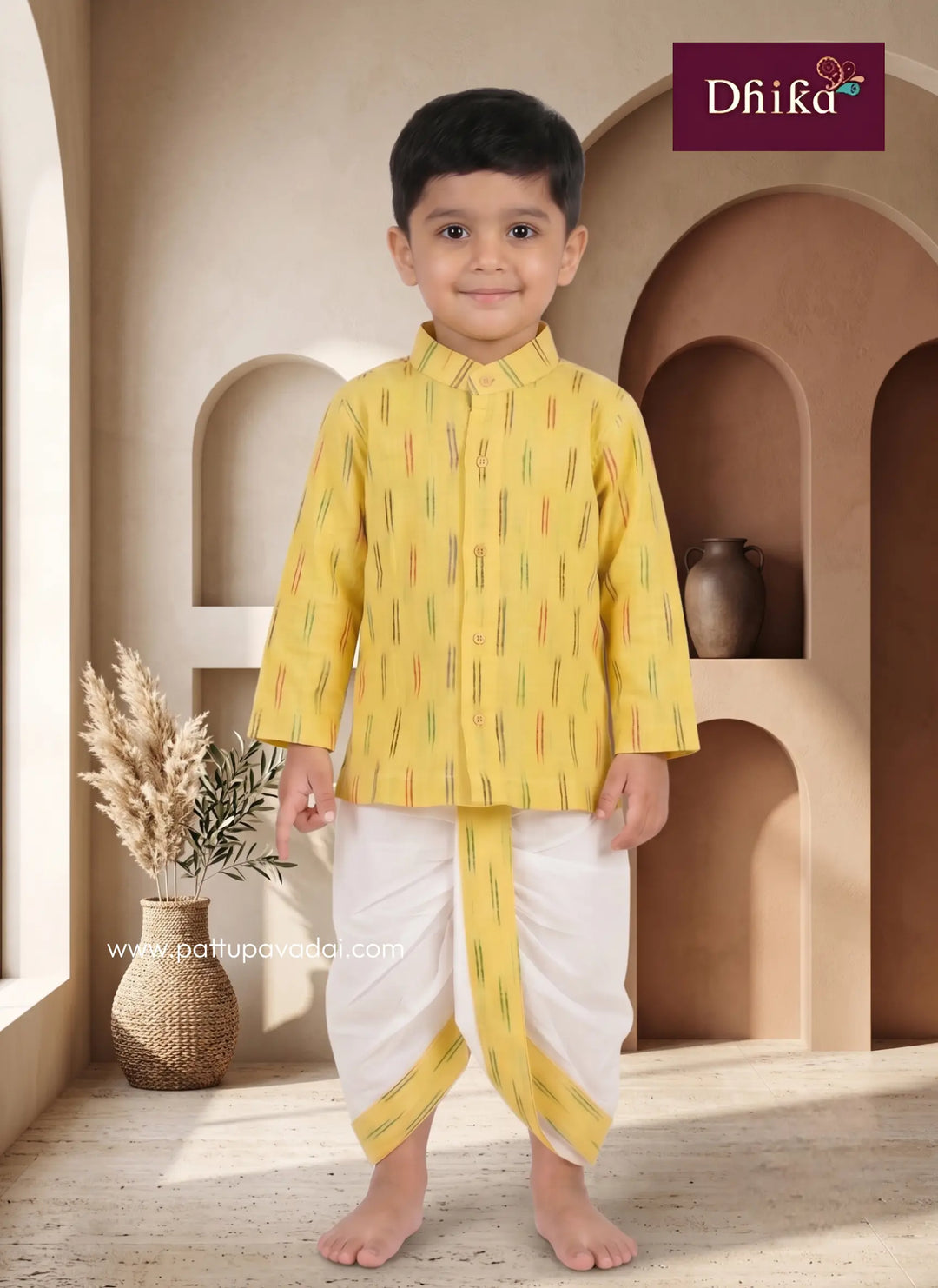 yellow ikkat kurta dhoti set for boys traditional wear