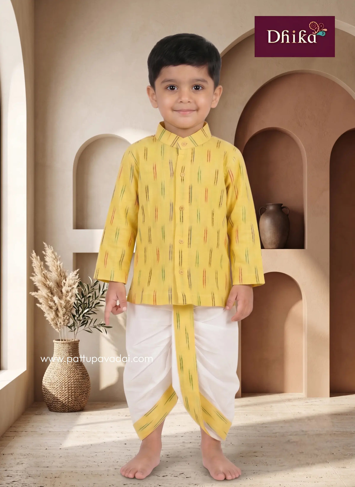 yellow ikkat kurta dhoti set for boys traditional wear