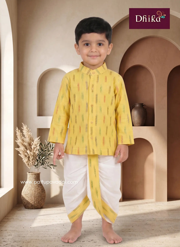 yellow ikkat kurta dhoti set for boys traditional wear
