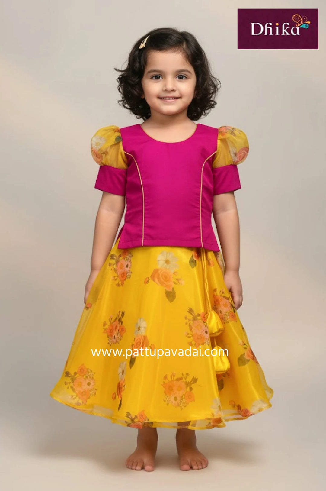 yellow organza umbrella cut skirt with pink silk cotton blouse long puff sleeves and soft lining for kids