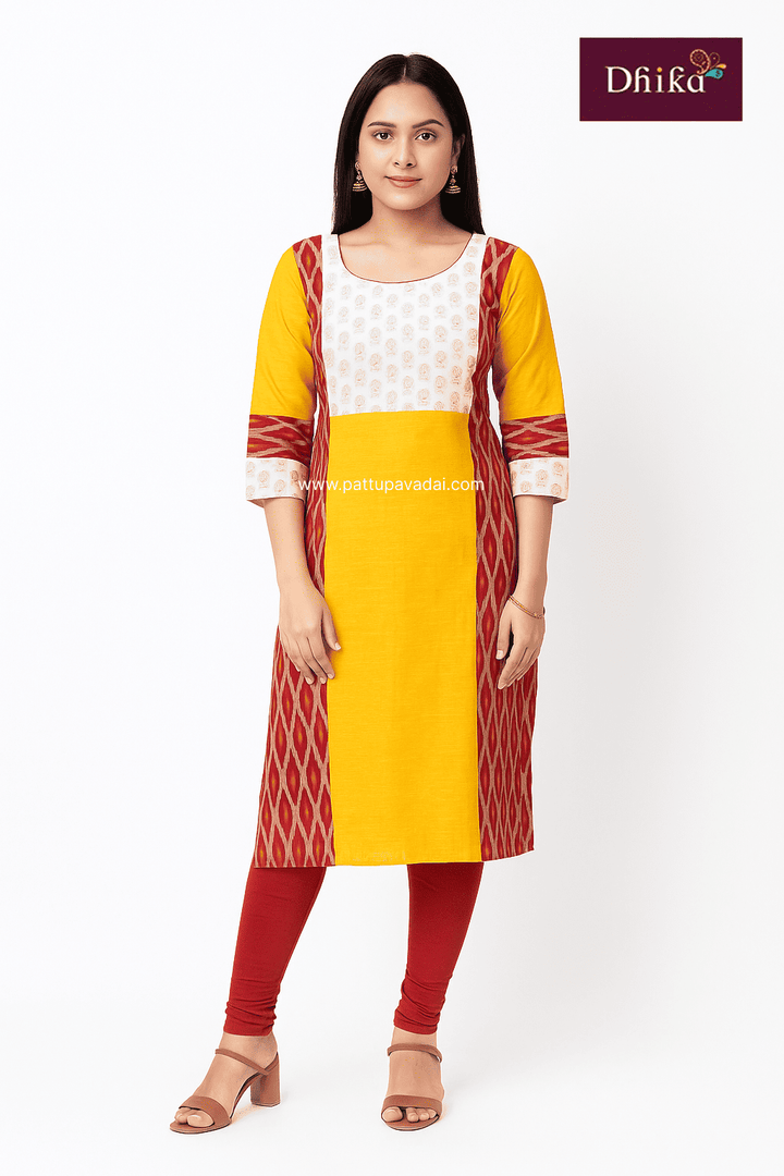 yellow and red cotton kurti printed ikkat design soft lining comfortable wear