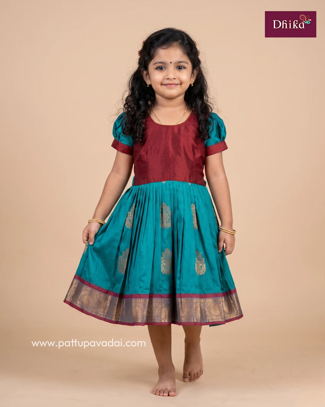 Peacock and Maroon Silk Frock for Girls – Rich Traditional Wear