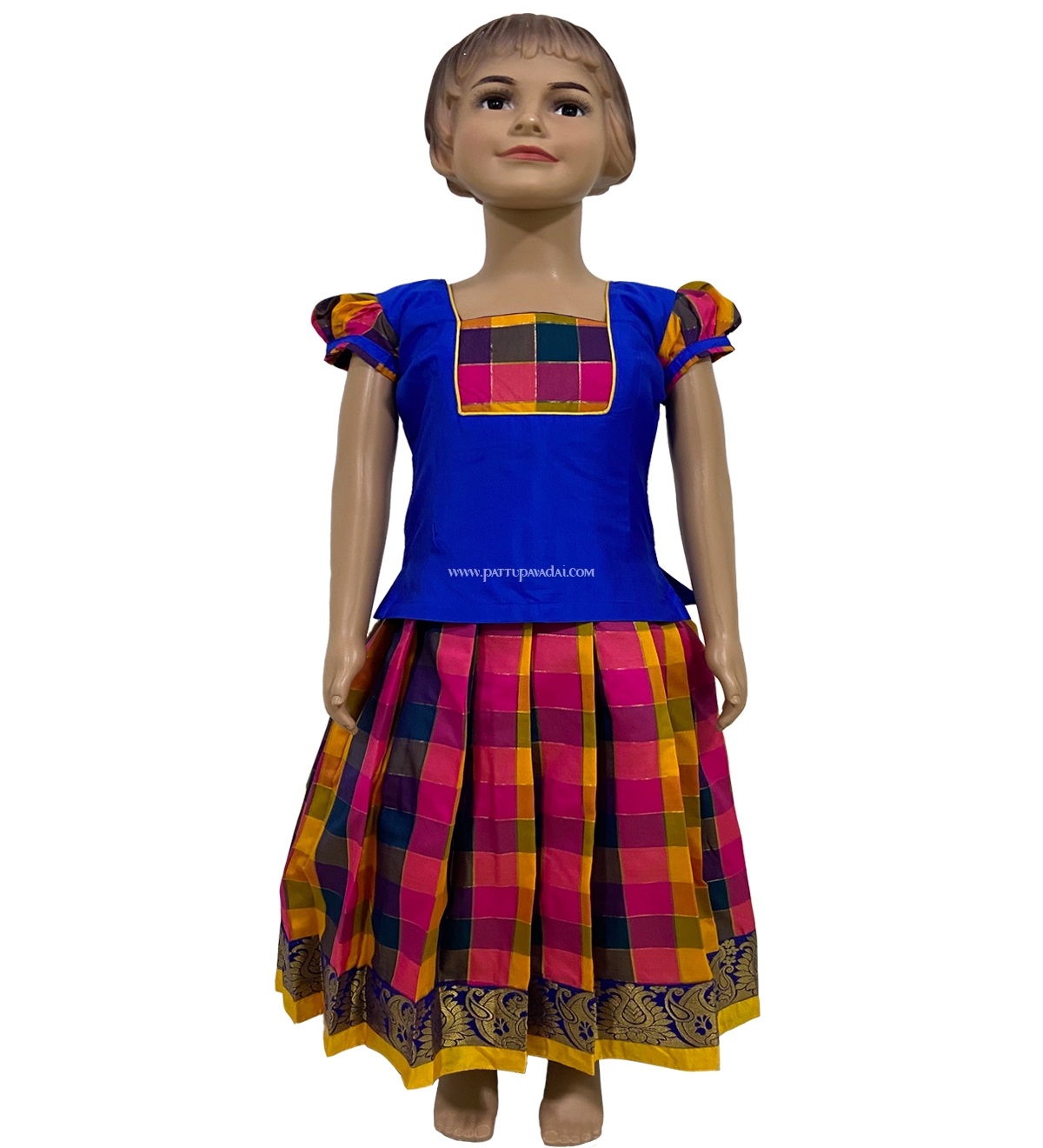 Ready to Wear Girls Raw Silk Pavadai Blue Top and Checked Skirt